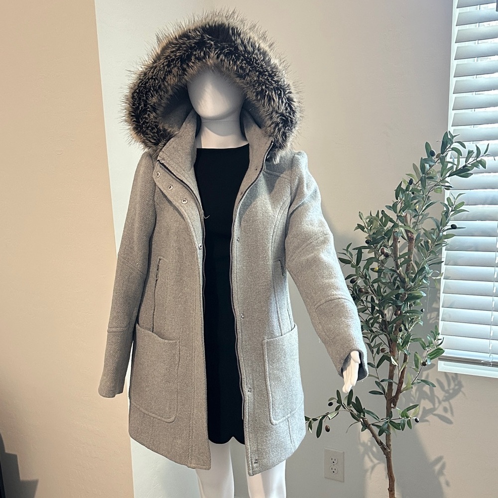 London Fog Women's Gray Hooded Trench Coat with Faux Fur Trim - Picture 2 of 6